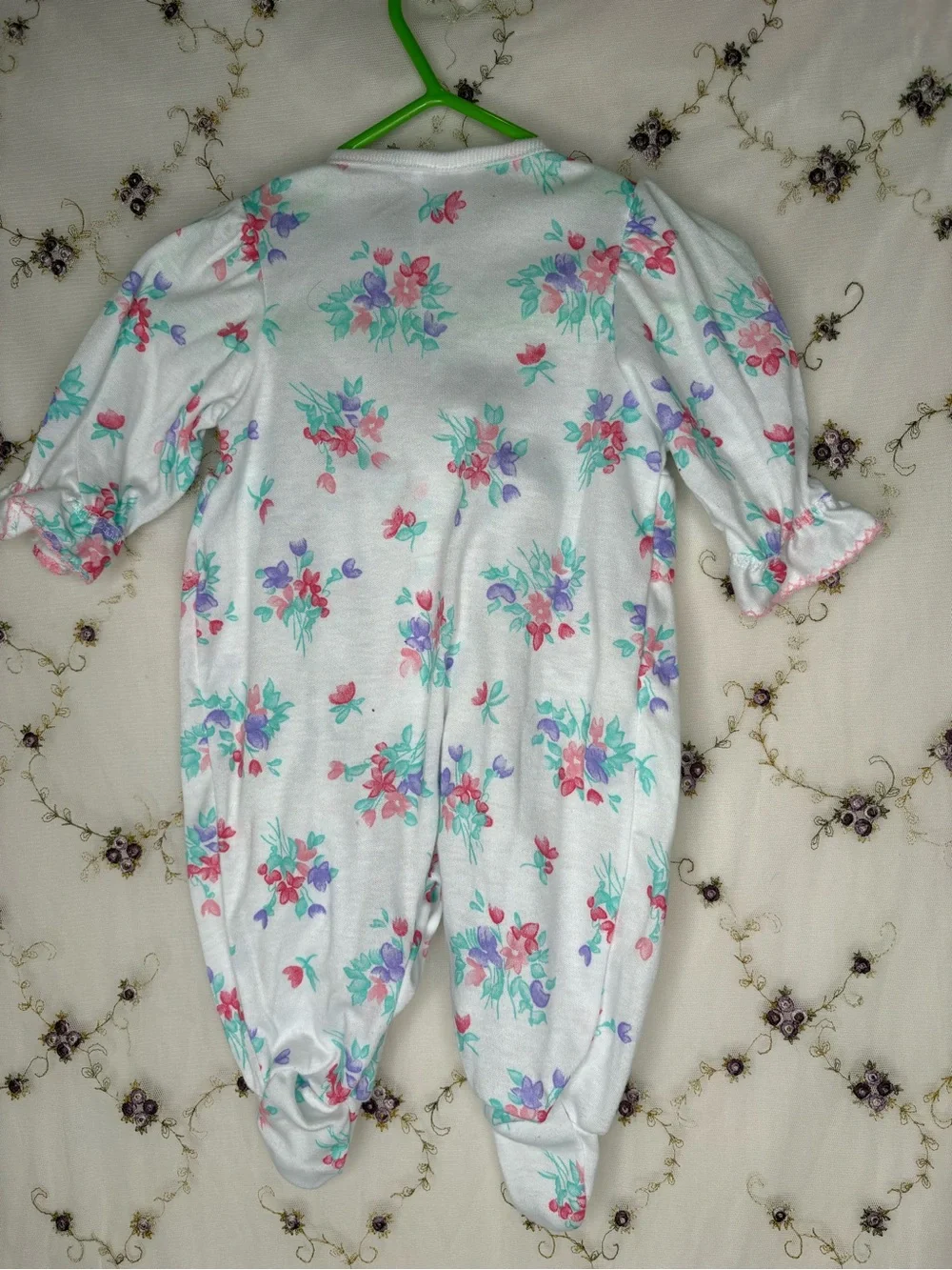White Floral Baby Footed Vintage Sleeper with Pink Bow